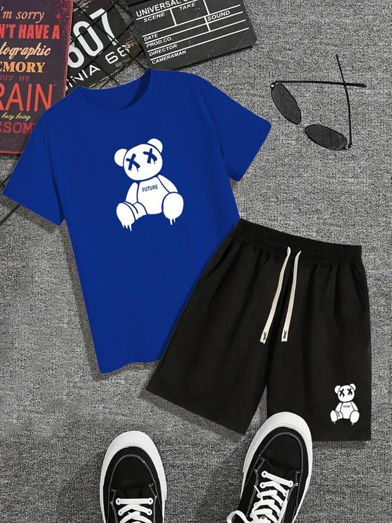 Two-Piece Set Men'S Y2K Cartoon Graphic Tee & Drawstring Waist Pocket Shorts Co-Ord Set, Summer Clothes, Guys Cute Regular Fit Stylish Bear Graphic Shortsleeve T-Shirt & Elastic Waist Track Shorts Pants for Streetwear, Outfit Sets for Men, Summer Sets