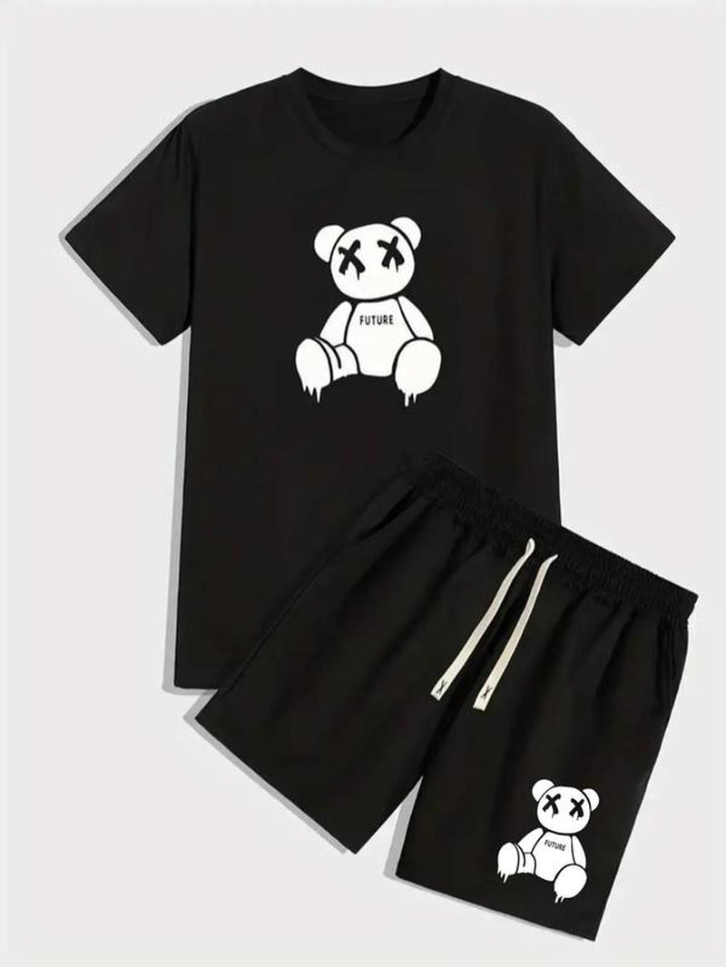 Two-Piece Set Men'S Y2K Cartoon Graphic Tee & Drawstring Waist Pocket Shorts Co-Ord Set, Summer Clothes, Guys Cute Regular Fit Stylish Bear Graphic Shortsleeve T-Shirt & Elastic Waist Track Shorts Pants for Streetwear, Outfit Sets for Men, Summer Sets