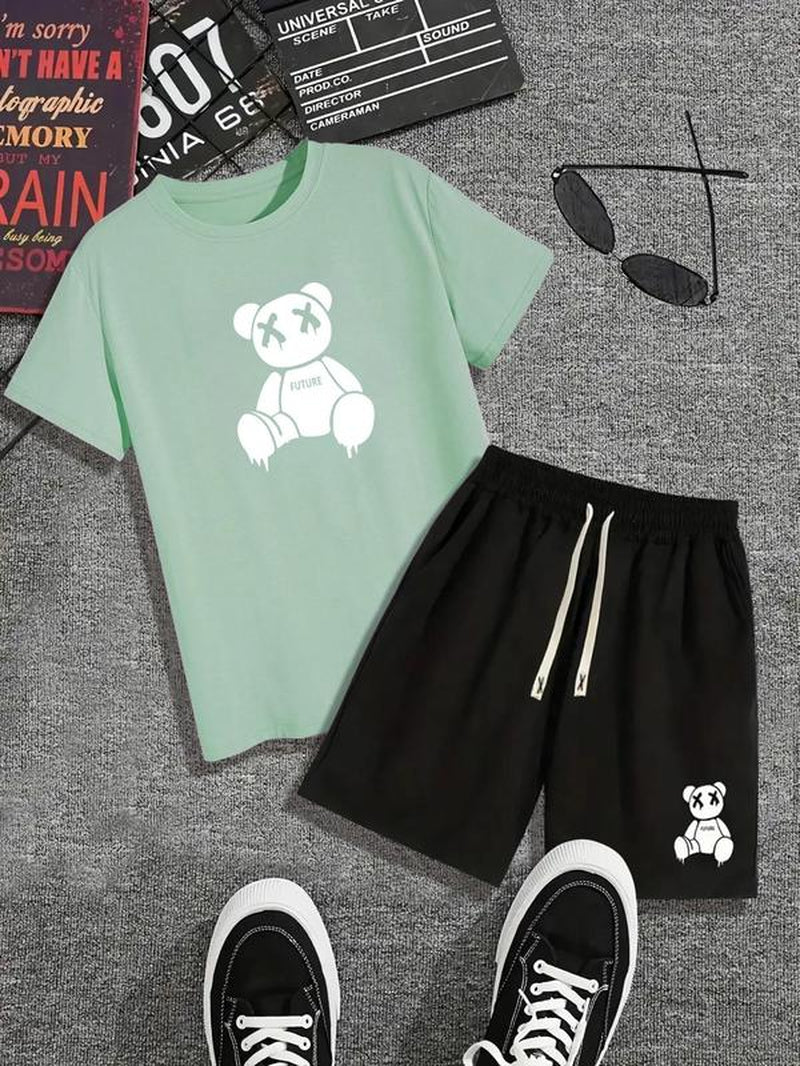 Two-Piece Set Men'S Y2K Cartoon Graphic Tee & Drawstring Waist Pocket Shorts Co-Ord Set, Summer Clothes, Guys Cute Regular Fit Stylish Bear Graphic Shortsleeve T-Shirt & Elastic Waist Track Shorts Pants for Streetwear, Outfit Sets for Men, Summer Sets