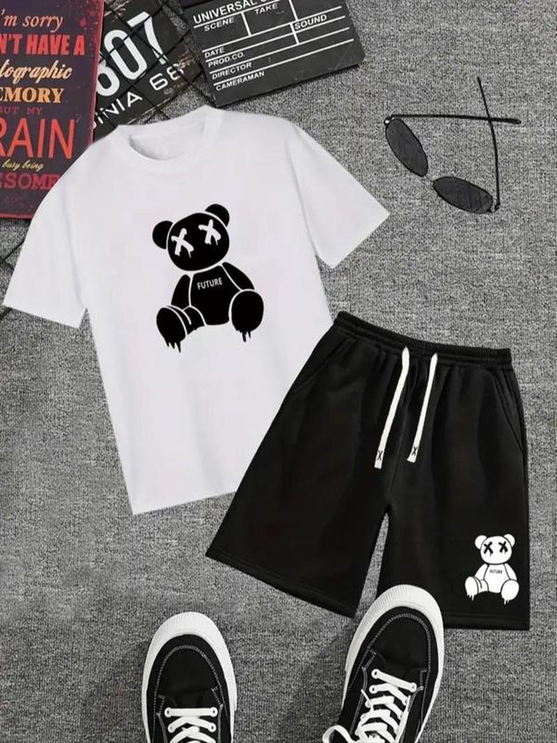 Two-Piece Set Men'S Y2K Cartoon Graphic Tee & Drawstring Waist Pocket Shorts Co-Ord Set, Summer Clothes, Guys Cute Regular Fit Stylish Bear Graphic Shortsleeve T-Shirt & Elastic Waist Track Shorts Pants for Streetwear, Outfit Sets for Men, Summer Sets