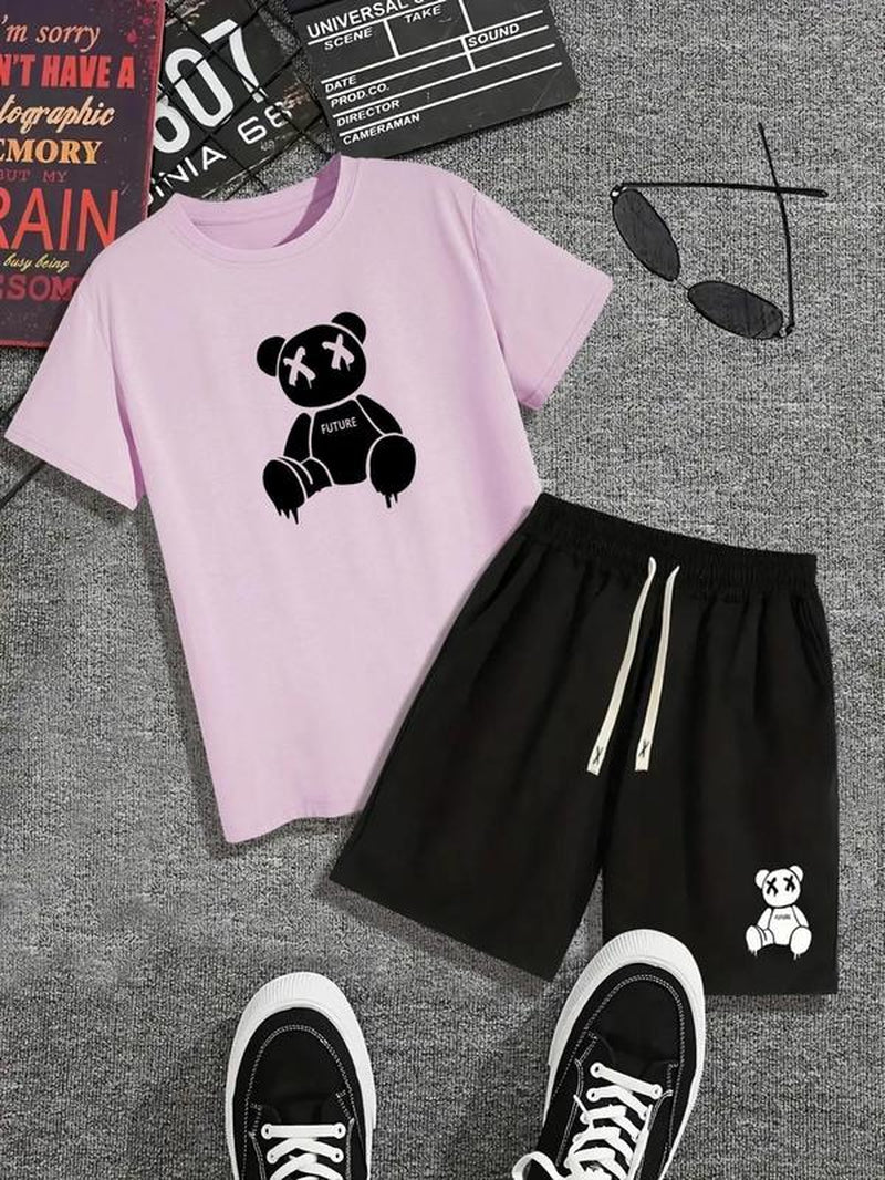 Two-Piece Set Men'S Y2K Cartoon Graphic Tee & Drawstring Waist Pocket Shorts Co-Ord Set, Summer Clothes, Guys Cute Regular Fit Stylish Bear Graphic Shortsleeve T-Shirt & Elastic Waist Track Shorts Pants for Streetwear, Outfit Sets for Men, Summer Sets